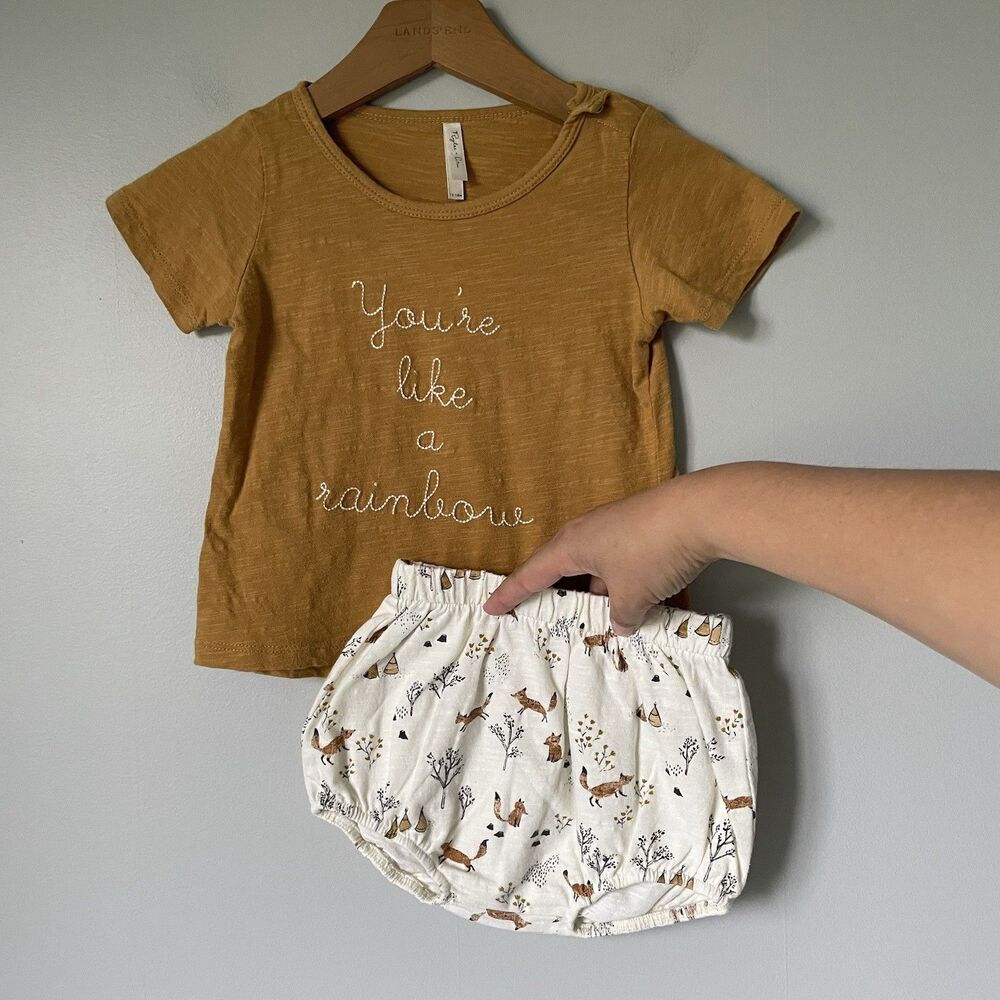 Rylee & Cru Gauzy Baby Girl 2-Piece T-Shirt Bloomers Brown Cream Size 12-18mo